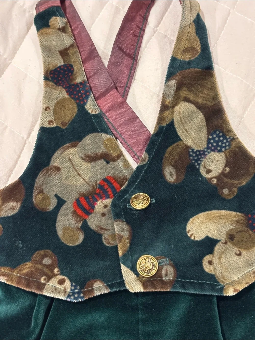 Good Lad Vintage Baby Christmas Velvet Romper Green Teddy Bear Print USA 12M